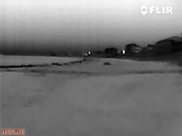 Using a monochrome setting on the affordable FLIR Scout TK, it was easy to quickly sweep a dark, moonless beach for suspicious people and objects. The large rectangle in the center of the image is a tent on the sand 100 yards away, which was invisible to the naked eye. Photo by Brent Wheat