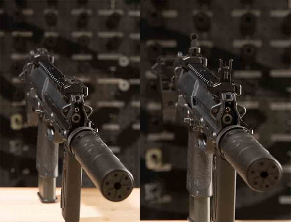 Factory sights act as pistol sights when collapsed – When the sights are folded flat, they resemble pistol style open sights. Folded up, they feature aperture sights.