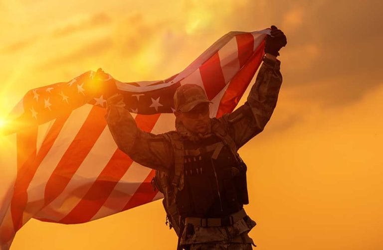 Soldier Celebrating Victory Armed Forces American Flag