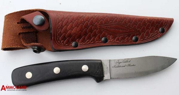 Diamond Blades Traditional Hunter Knife in Linen Black Micarta-Mosaic Pins