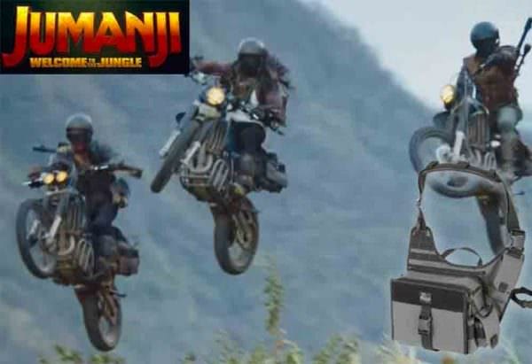 Motorcycle gang in Jumanji 2 with Maxpedition Jumbo ASR Versipacks strapped to their dirt bikes.