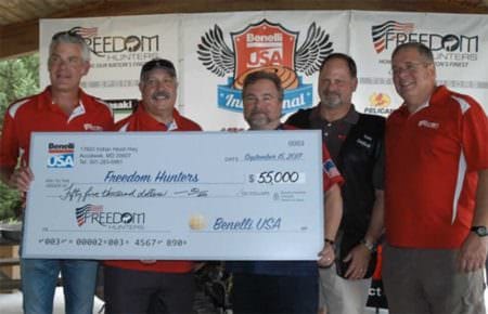 At the conclusion of the event, Benelli USA Executive Team General Manager Tom DeBolt, Chief Financial Officer Phyllis Blacknall-Jones, and Vice President of Brand Marketing Tim Joseph presented a check for $55,000 raised from monetary donations, silent auction bids, and the raffle to Freedom Hunters. "Benelli USA is proud to partner with Freedom Hunters to take active duty and wounded service members out hunting and fishing," said Benelli USA General Manager Tom Debolt. "We are passionate about the outdoors and understand the importance of giving back to the men and women who serve our country. I'm proud of the effort our team members made this year to raise a record amount of funds to support this worthy cause" Freedom Hunters is a military outreach program whose mission is to convey the outdoor community's appreciation for the dedication of and sacrifices made by the men and women of the Armed Forces. Through the support of numerous groups and companies, including Benelli USA, Freedom Hunters arranges outdoor adventures and opportunities for active duty and combat veterans, as well as families of fallen heroes and children of deployed. To learn more about Freedom Hunters, go to www.freedomhunters.org. Individual high scores for the third annual Benelli USA Invitational Shoot include high lady shooter Dorothea Clevenger (score 54). High Freedom Hunter shooter Sgt. Patrick Kabay (score 57). The team of Brandon Geweke, Marty Geweke, Joe Kukla Sr. and Joe Kukla Jr. won the overall team competition with a combined score of 262. An integral part of the event came in the form of sponsorships from over 70 companies. Title Sponsors: Benelli, Core Line Marketing Group, Pelican, Owen J. Brown & Associates, Federal Premium Ammunition, Kawasaki, and Mechanix Wear Gold Sponsors: Bentley Scott Marketing, Trijicon, Cabela's, Covey Sales and Marketing, Tec Shield, The Kansas Governor's Ringneck Classic, Vincent A. Pestilli & Associates Inc., LWRC International, and STI Silver Sponsors: Guns & Ammo Television, Sig Sauer, Kimber, Steiner, Sporting Classics, MOmarsh, Henry, Rivers West and Oakley Elite Special Forces Bronze Sponsors: Action Target, Apex Assembly & Fabrication Tools, Hornady, Boyt Harness Company, Thompson Center Arms, Banded, BPI Outdoors, Bowls By Randy, Jostens, Chesapeake Bay Beach Club, Carbon Express, Anheuser-Busch, Dogtra, White Flyer, Habitat Flats, Willard Packaging Co., CZ-USA,Fiocchi, Stoeger, Irish Setter , Eastman Outdoors, Crosman, KJOS Outdoors, Eastern Shore Guide Service, SCCY Firearms, Okuma, Traditions Performance Firearms, Techwear USA, 1st Mine Run, Sean Coulthard, Sean Mann, Wildesspirit, Roth Concept Innovations, Tidewater Inn, Mojo Outdoors, Tom Leoni, Walther, Sazerac, Yeti, Aldo's, Sportdog Brand, Speakeasy Spirits, Angelo Magafan, Bethesda Country Club, DeWalt, Burris, Brand Intelligent, Moran, Vortex Optics, Rio Ammunition, Under Armour, Uberti, Jobes Decoys, Eddie Morris and Millennium Marketing Solutions About Benelli USA Benelli USA is a world leader in manufacturing quality semiautomatic shotguns and rifles that are known for their ultra-reliability and high-performance standards. For the latest news and product information visit www.benelliusa.com.