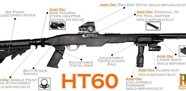 The HT60 is designed to incorporate a full range of adjustable and tactical features onto the beloved Marlin Model 60 .22 rifle.