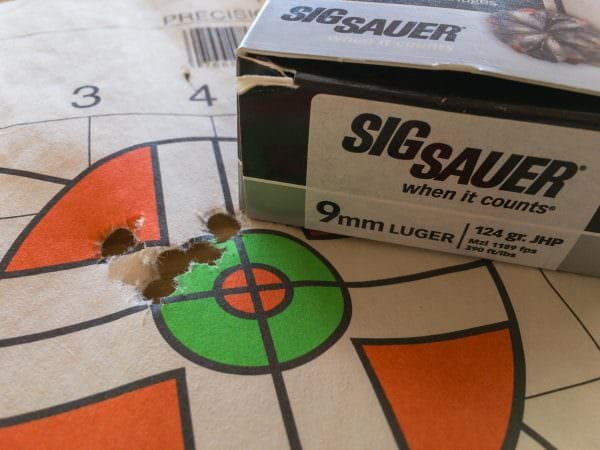 A 0.74-inch five-shot group from 25 yards? Yeah, I'll take that. This was with the Sig Sauer V-Crown 124-grain ammo.