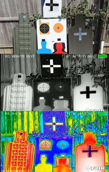 A selection of thermal imaging targets (top to bottom): visible, White Hot pallet, “Rain” palette.