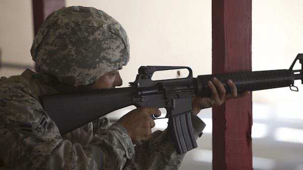 Airman First Class Ray Wilkerson, a crew chief from the 113th Maintenance unit tests sight alignment adjustments during a M16-A2 qualifications course July 16, 2011, at the combat arms training and maintenance center Joint Base Andrews, Md. Airman from the 113th practice and qualify with the M16-A2 July 16, 2011. (U.S. Air Force photos/Tech Sgt. Gareth Buckland/Released)