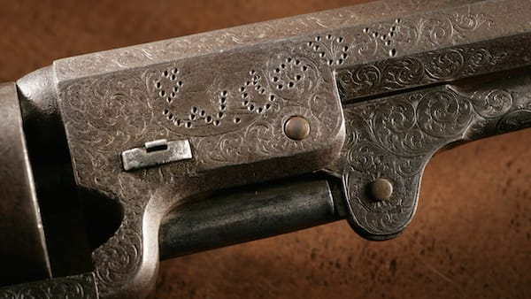 Attributed by requests as on loan from “A Friends of the NRA,” this .36 caliber percussion Colt bears a hand-punched series of dots that spell out Cody’s name in an overlay of the original engraving on the sides of the barrel.