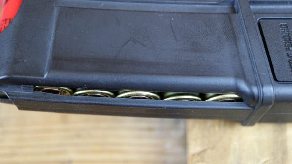 This rear window of the ATI Omni Hybrid AR-15 .410 Shotgun magazine displays the the next five rounds and their rim order.