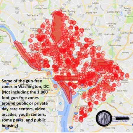 At the Crime Prevention Research Center, founded by John Lott, the following map of D.C.'s "gun free" zones was produced. It is a "worst case" based on plausible interpretation of D.C.s murky law.