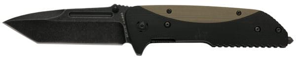 The Eradicate knife has a hollow ground, tanto-style blade made of 440 stainless steel and features flipper assist opening, anti-skid groves on the spine, thumb stud, blood groove and matte black stonewash finish. 