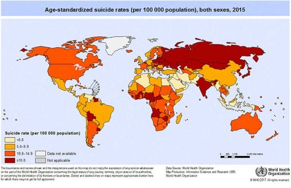 Age-standardized suicide rates (per 100,000 population), both sexes, 2015