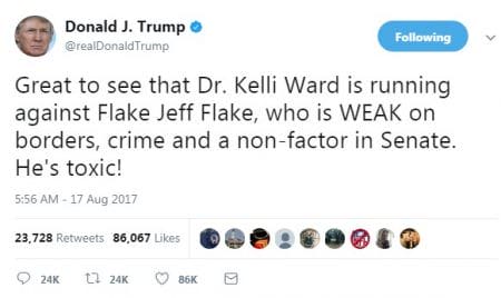 President Trump had encouraging things to say about Republican challenger Dr. Kelli Ward 