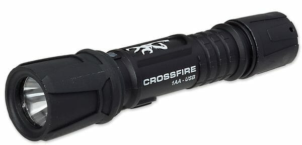 The Crossfire 1AA USB Rechargeable Flashlight features brightness from 102 to 300 lumens and an effective distance of 85 to 150 yards depending on the battery used. 