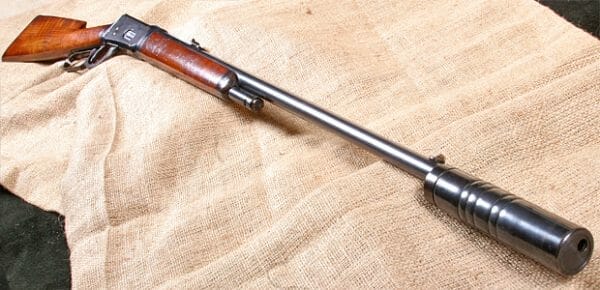 We decided to go with the look and feel of one of Teddy Roosevelt's rifles: a Winchester 94 half-magazine rifle he kept at Sagamore Hill with a Maxim Silencer affixed to the barrel