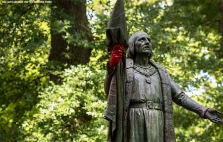 A Christopher Columbus statue in Central Park was vandalized with red paint in September. IMG Credit Dave Sanders for The New York Times