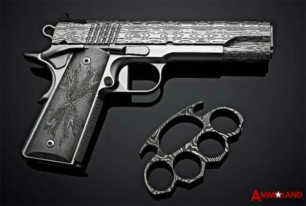 Cabot Gun's Damascus Ladder Deluxe 1911 Pistol and Accessories