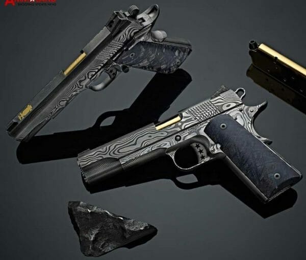 Cabot Guns artisan Damascus 1911's, frames and slides.