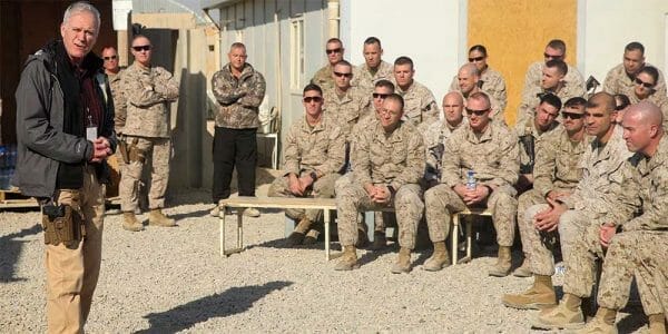 Secretary of the Navy Richard V. Spencer speaks with Marines and sailors assigned to Task Force Southwest at Camp Shorab, Afghanistan, December 23, 2017.US Marine Corps