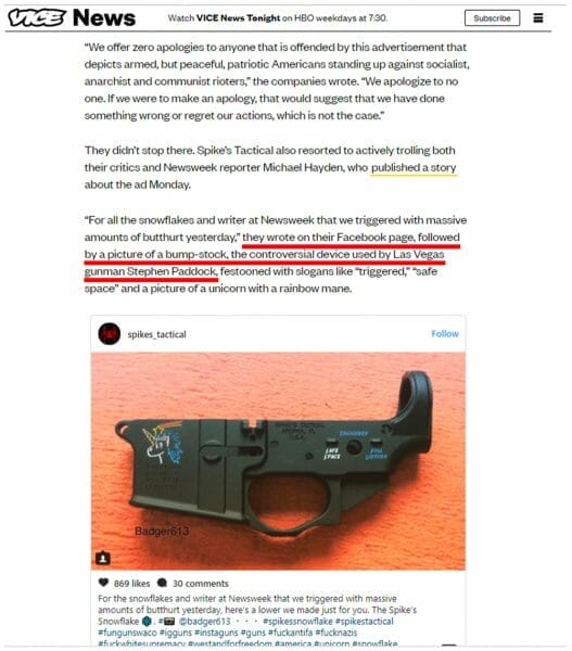 VICE News posted a screenshot of a Spike’s Tactical Facebook post showing a picture of a stripped AR-15 lower, but falsely claimed that it was a bump-stock similar to the ones used by the Las Vegas killer.