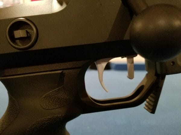 There are two safety switches on this gun. The first is on the back of the bolt. It is a standard safety I have seen sometimes. The second safety is inside the trigger guard.