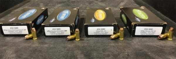 While 450 SMC can be safely run in any .45 ACP that is rated for +P ammunition, the amount of rearward force created by such a hot load would potentially be problematic from a straight blowback AR15.