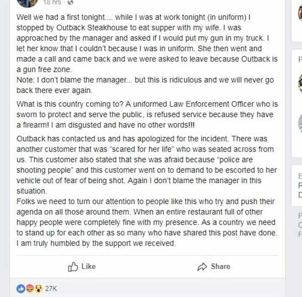 Outback Steakhouse Refuses Law Enforcement Officer Because he is Armed WTF?