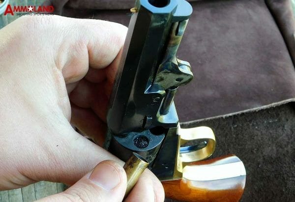 loading Cimarron Uberti 1849 Colt Revolver with black powder. 20 grains of FFFg nearly fills up the chambers.