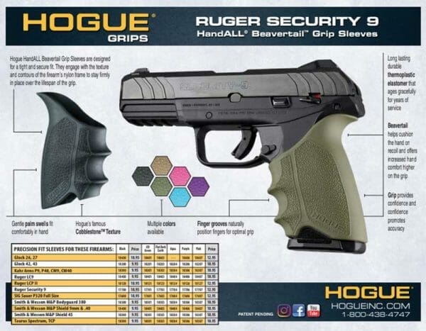 Hogue Handall Beavertail Grip Sleeve for Ruger Security 9 Spec Sheet