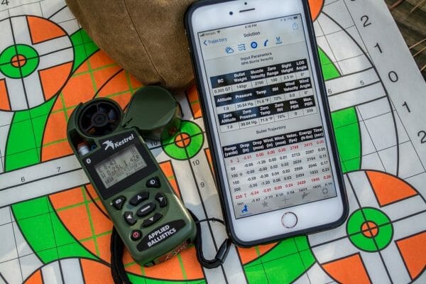 These days you have options for portable ballistic computers. The Kestrel (left) is a self-contained weather station and ballistics computer. The Ballistic AE app (right) runs on an iPhone.