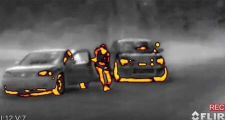 Offering seven distinct thermal image palettes, Breach creates a fully customizable viewing experience. In this scene, as a pursued suspect flees his vehicle, the Outdoor Alert palette is being used to highlight the hottest ten-percent of the scene in orange, contrasted against the lifelike detail provided by the Black Hot background.”