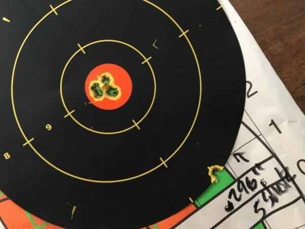 After seeing some pretty unbelievable three shot groups, I fired five and got this .296" group at 100 yards. This is one seriously accurate rifle. 