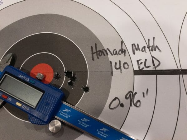 With careful shooting, I got good 100-yard groups with this rifle. The Hornady 140-grain Match ELD performed extremely well compared to others.