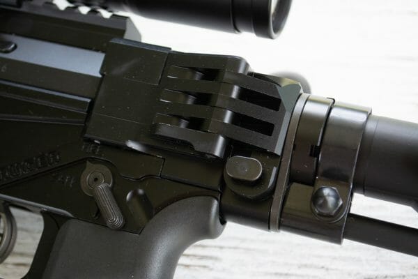 One of the first things you'll notice on the Ruger Precision Rifle in 6.5mm Creedmoor is the folding stock. Convenient but still rock solid.