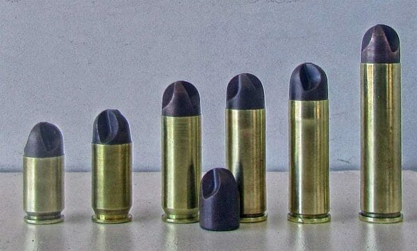 lineup of ARX 45s from L, 45 Gap, 45 auto, 45 win mag, 45 Colt, 454 Casull & 460 S & W
