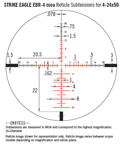 The EBR-4 reticle is graduated in minute of angle increments and offers a wide variety of hash sizes to assist with accurate ranging measurements.