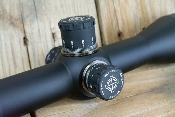 The Sightmark 5-30x50 Pinnacle scope has big target / tactical turrets, but with covers for transport.