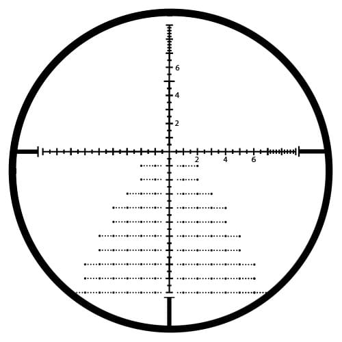 The Sightmark 5-30x50 Pinnacle Riflescope uses this TMD-HW reticle. Since the scope is a first-focal plane design, the reticle grows and shrinks with magnification changes. You can use it's precise holdover and lead functionality at any magnification level. 