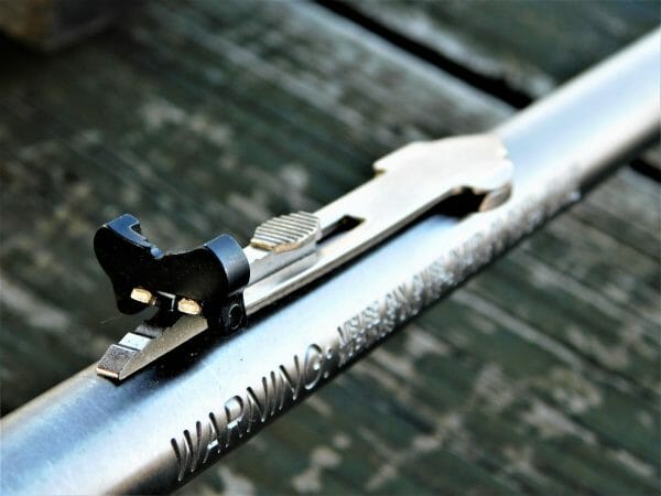 The sights are dovetailed onto the barrel and feature a rear notch and an orange plastic front post protected by a hood.