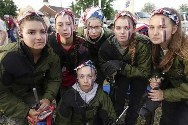 Face paint is a Rattle Battle tradition for the Garden State Gunners – this year was no exception! (Left to Right in back: Sierra Loutraris, Jessica Peoples, Dorothy Speers, Amy Flood, Victoria Wheatley, Shelby Falk in front) Photo courtesy of Steven Falk