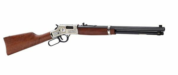 The limited edition Cody Stampede Centennial rifle from Henry Repeating Arms features fancy grade American Walnut stocks and an engraved receiver with 24K gold plating highlights.