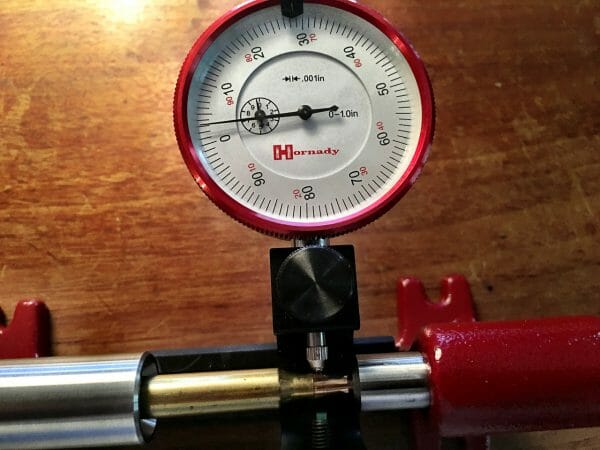 Using the Hornady Concentricity Gauge I can see this bullet is seated about 3/1,000ths off center. It's not going to create tight groups at longer range.