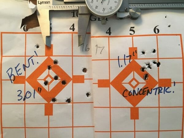 Look at the difference in group size at just 100 yards between "bent" and "straight" bullet seating.