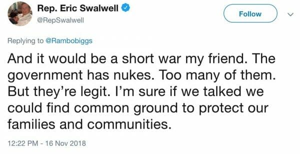 Representative Swalwell's plan if gun owners refuse to turn in their property, use nukes on American citizens.