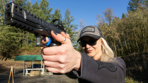 Maddy_AR of GBGuns with the Walther Q5 Match Steel Frame. Photo by Graham Baates