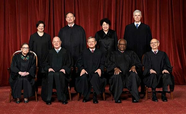 The Supreme Court as composed April 10, 2017, to July 31, 2018. Front row, left to right: Associate Justice Ruth Bader Ginsburg, Associate Justice Anthony M. Kennedy, Chief Justice John G. Roberts, Jr., Associate Justice Clarence Thomas, Associate Justice Stephen G. Breyer. Back row: Associate Justice Elena Kagan, Associate Justice Samuel A. Alito, Jr., Associate Justice Sonia Sotomayor, Associate Justice Neil M. Gorsuch. Credit: Franz Jantzen, Collection of the Supreme Court of the United States