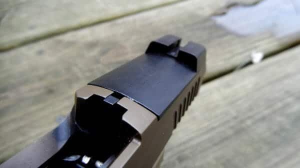 The plate on the back end of the slide carries the rear sight and it can be removed by backing out two screws hidden in the interior near the firing pin mechanism.