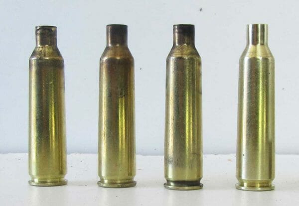 Fired 22-250 brass some with light loads showing soot which is normal with low pressure loads. They don't expand enough to seal the chamber, hence the soot.