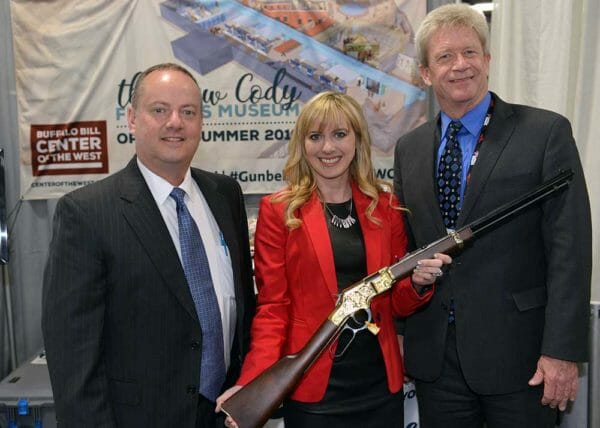 From L to R: David Miles, President of Baron Engraving; Ashley Hlebinsky, Curator of Cody Firearms Museum; Bryan Tucker, CEO of Davidson’s. 