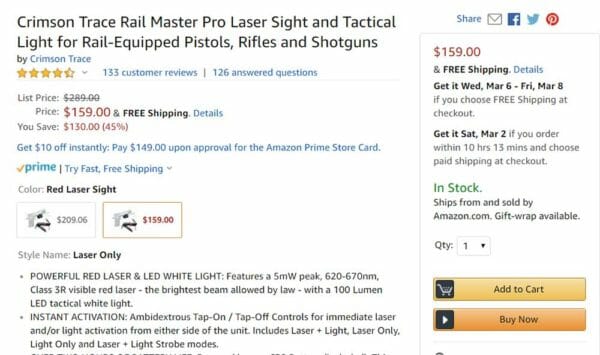 Crimson Trace Rail Master Pro Univ. Laser Sight & Light Cart Check Amazon