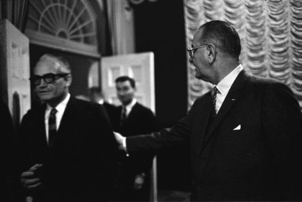 Barry Goldwater with Lyndon Baines Johnson. Second Amendment supporters must learn from Goldwater's mistakes in the 1964 election. (White House photo)